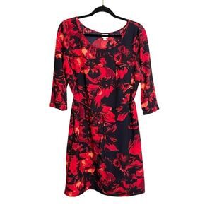 Merona Women's Red Floral Scoop Neck 3/4 Sleeve Leather Trim Shift Dress Large
